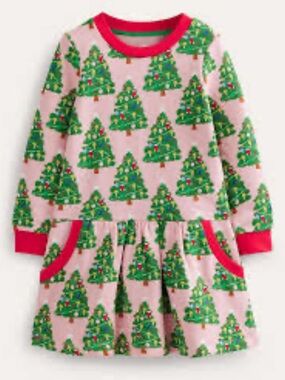 Mini Boden Pink Christmas Tree Sweatshirt Dress Sz 7-8